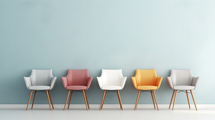 Rows of pastel colored chairs in front of a textured gray wall. generative AI