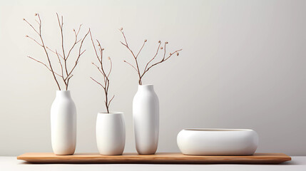 Three different white vases sitting on a wooden stand with branches in them and a branch in the middle