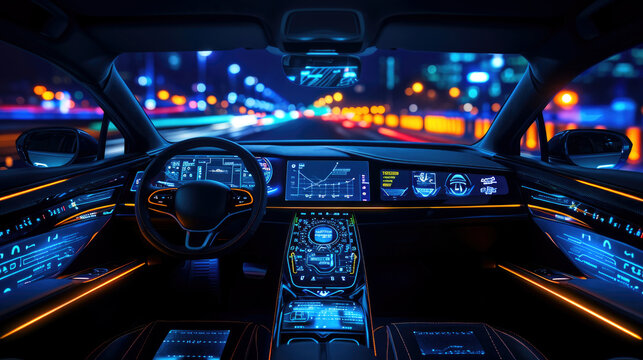 Technology of car dashboard autonomous futuristic view graphical user interface, futuristic model auto, smart auto car with ai, Internet of Things, at night