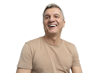 A positive old man is smiling, showing his teeth and a smile. The background is transparent and isolated.