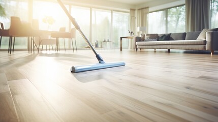 Floor cleaning with mop and cleanser foam - essential tools for sparkling parquet floors - obrazy, fototapety, plakaty