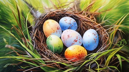Fototapeta na wymiar painted chicken eggs for Easter in the nest. colorful illustration.