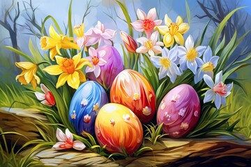 Easter eggs and spring flowers. background, close-up. colorful chicken eggs. vibrant pastel color. view from above. in the style of a hand-drawn illustration.