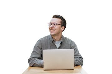 A male software developer uses a computer to work remotely over the internet. The background is transparent and neutral. - obrazy, fototapety, plakaty