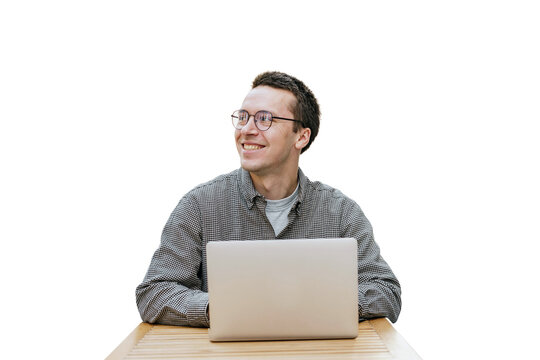 A male software developer uses a computer to work remotely over the internet. The background is transparent and neutral.