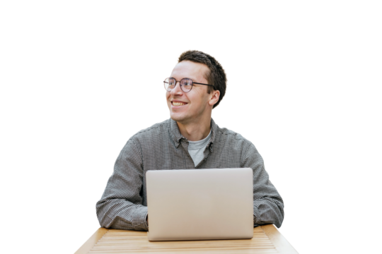 A male software developer uses a computer to work remotely over the internet. The background is transparent and neutral.