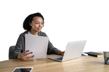 A woman in an online job interview is seen using a laptop to type a response. The background is...