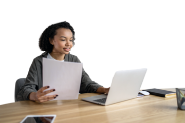 A woman in an online job interview is seen using a laptop to type a response. The background is isolated and transparent.