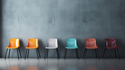 Rows of colorful chairs in front of a textured gray wall. generative AI