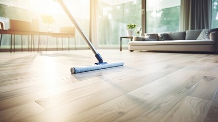 Professional floor cleaning with mop and effective cleanser foam on gleaming parquet surface