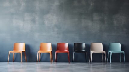 Rows of colorful chairs in front of a textured gray wall. generative AI