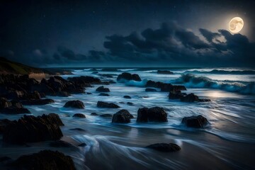 Fototapeta na wymiar sea water hits the stones in night 