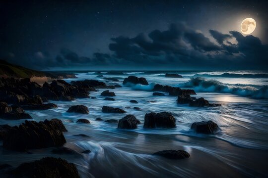 sea water hits the stones in night 