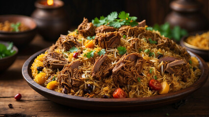 a sumptuous plate of traditional lamb biryani, delicately layered and garnished, captured from a captivating side view