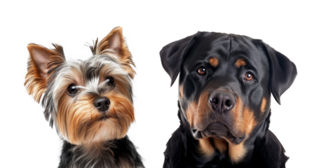 Rottweiler and Yorkshire Terrier dogs isolated on transparent PNG background