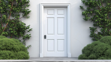 White door and white wall with green plants