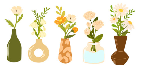 Spring blooming flowers in vases and bottles set. Garden flowers and summer wildflowers, tulips and daisies, cornflowers and roses. Beautiful blossom Romantic cartoon flat vector illustration. 