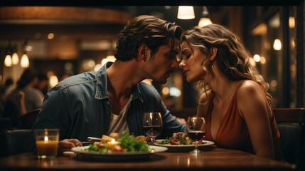 Couple  have dinner in a restaurant in a romantic atmosphere