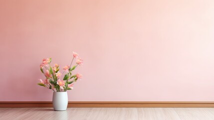 Fototapeta na wymiar Soft pastel pink wall with potted flower, warm and romantic atmosphere, Valentine's Day, free space for text