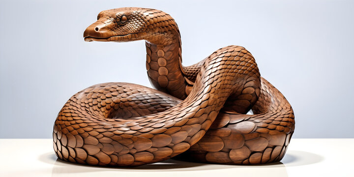 2025 Chinese Year of the Wood Snake - detailed carving of a snake in wood isolated on plain background with copy space