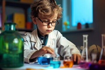 A curious young boy with glasses, dressed as a scientist, conducts an experiment with colorful liquids in beakers, embodying a blend of imagination and early education, Generative AI - obrazy, fototapety, plakaty