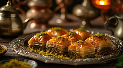 Fototapeta premium Ramadan muslim holiday background wallpaper design, food, sweets, cake, cookies, baklava, kunafa, Qatayef, halva, close up, sweet, sugar, eid al, stock photo