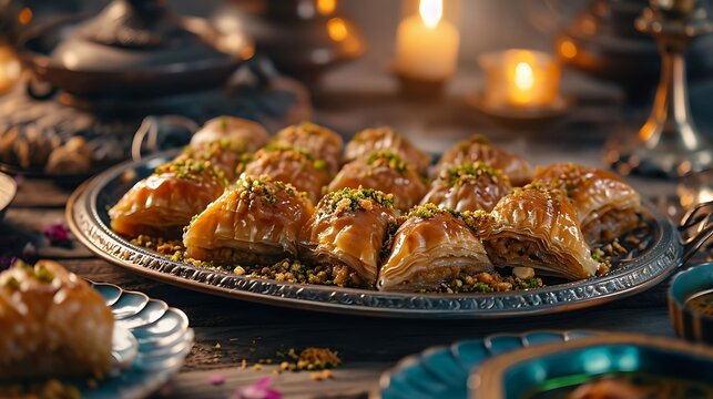Ramadan muslim holiday background wallpaper design, food, sweets, cake, cookies, baklava, kunafa, Qatayef, halva, close up, sweet, sugar, eid al,  stock photo
