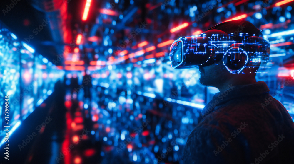 Poster man in a digital network tunnel: symbolizing connection, data, and futuristic technology in a busine
