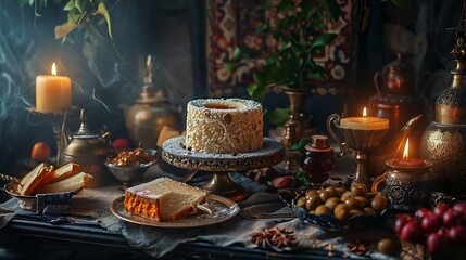 Fototapeta na wymiar Ramadan muslim holiday background wallpaper design, food, sweets, cake, cookies, baklava, kunafa, Qatayef, halva, close up, sweet, sugar, eid al, stock photo