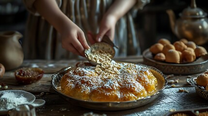 Ramadan muslim holiday background wallpaper design, food, sweets, cake, cookies, baklava, kunafa, Qatayef, halva, close up, sweet, sugar, eid al,  stock photo