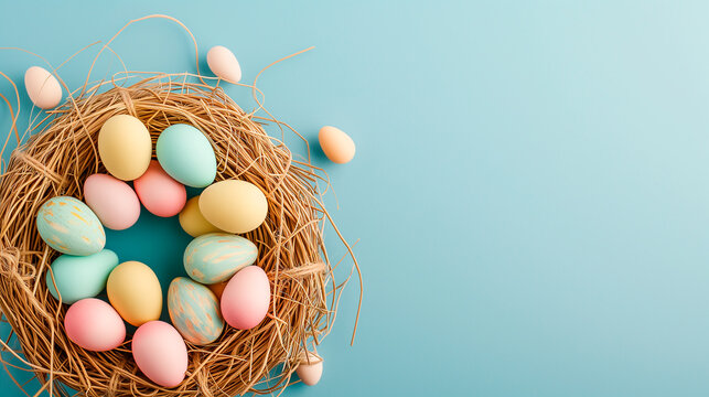 top view of spring Easter composition with pastel Easter eggs on a light blue background