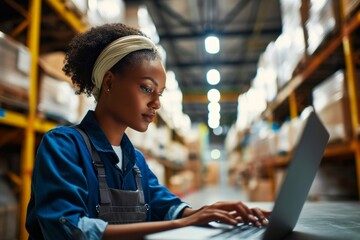 Female African American logistics coordinator in warehouse, using laptop to manage inventory, track shipments, optimizing the supply chain process for efficient distribution, delivery, Generative AI