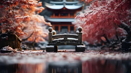 Fotobehang torii gate japanese with winter season background © Hamsyfr