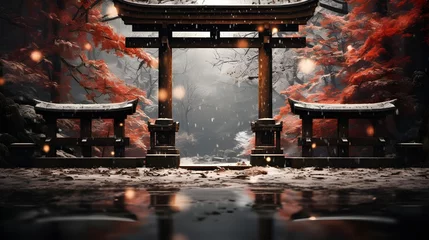 Küchenrückwand glas motiv torii gate japanese with winter season background © Hamsyfr