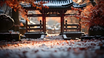 Poster Im Rahmen torii gate japanese with winter season background © Hamsyfr