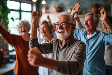 Candid capture of a joyful group of seniors showing vitality while dancing, highlights companionship and active lifestyle in retirement, reflecting the spirit of elderly, Generative AI - obrazy, fototapety, plakaty