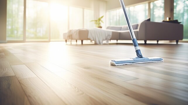 Professional parquet floor cleaning with mop and powerful cleanser foam for sparkling results - Powered by Adobe