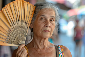Middle age woman with grey hair using handfan on a very hot day of a heat wave