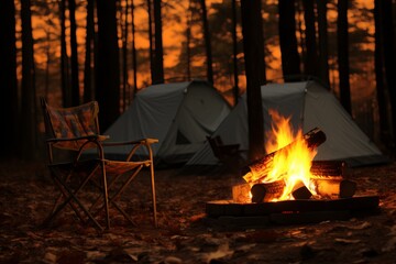 Beautiful bonfire with burning firewood near chairs and camping tent in the peaceful forest