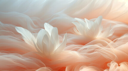 Ethereal White Flowers Amidst Soft Waves of Orange and Pink Hues, a Delicate Dance of Nature Captured in a Stunning Visual Display for Art Lovers