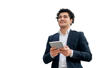 A young businessperson wearing a suit is seen using a tablet, with his eyes averted. The image shows a clear background.