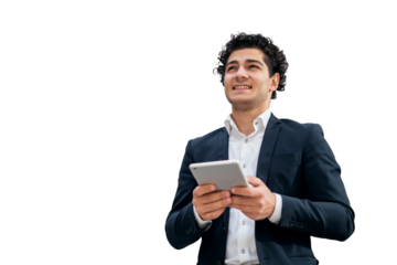 A young businessperson wearing a suit is seen using a tablet, with his eyes averted. The image shows a clear background.