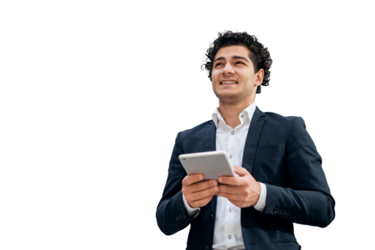 A young businessperson wearing a suit is seen using a tablet, with his eyes averted. The image shows a clear background.