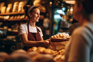 Obraz na płótnie Canvas A candid shot of a smiling female baker, who's also the shop owner, offering exemplary customer service as she hands a customer their order in her retail, Generative AI