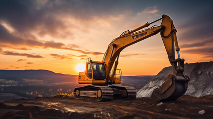 Sunset Quarry Symphony: Excavator Earthmoving and Backhoe Digging Ore in Open Pit Mining