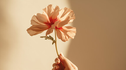 Tender Touch: Female Hand Grasping the Delicate Stem of a Red Poppy Flower on a Neutral Tan Beige Background - obrazy, fototapety, plakaty