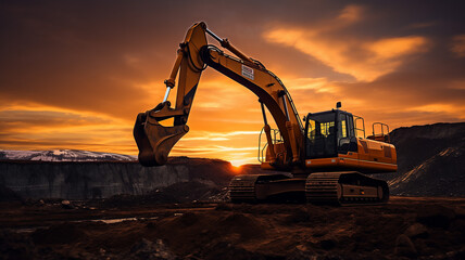 Sunset Quarry Symphony: Excavator Earthmoving and Backhoe Digging Ore in Open Pit Mining