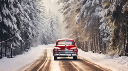 Fototapeta na wymiar Red car driving next to the spruce on a winter snowy country road