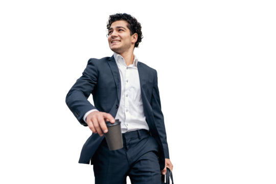 A businessman is seen walking to work in a suit and carrying a briefcase, as he approaches the entrance of the office building. The image is set against a clear background.