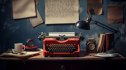 Vintage typewriter and crumpled paper on the blogger desk - obrazy, fototapety, plakaty